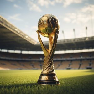 AI generated image of World Cup trophy with a stadium in the background