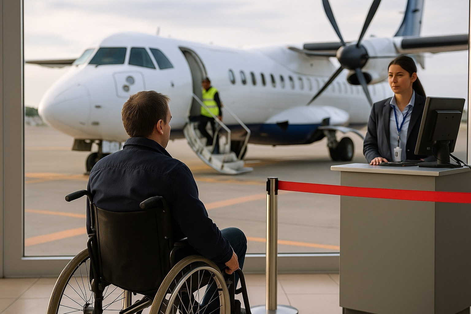 WheelchairPlane A wheelchair passenger waits to board a plane on an outside tarmac.