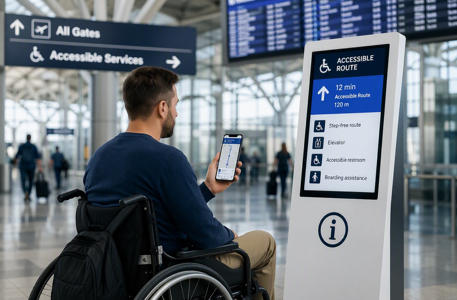 WheelchairTravelTechnology A wheelchair user checks in at the airport using technology.