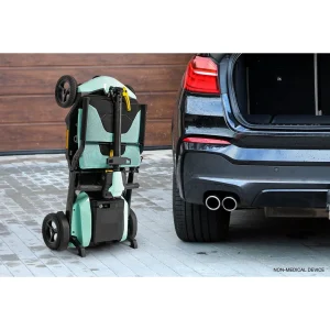 The Pride Go Go Super Portable scooter can stand upright for easy loading into a vehicle.